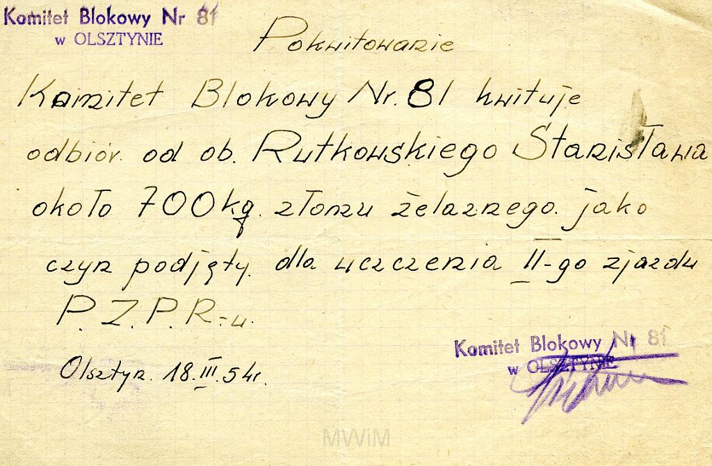 KKE 3505.jpg - Pkwitowanie Stanisława Rutkowskiego za przekazanie 700 kg złomu, Olsztyn,1954 r.